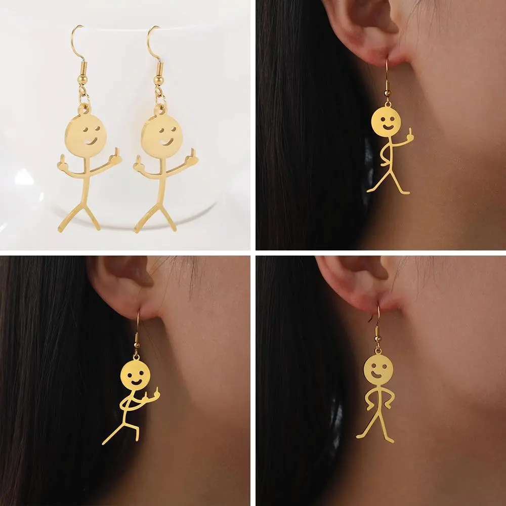 Funny Doodle Earrings For Woman 2025 Trend Punk Middle Finger Stickman Hip Hop Stainless Steel Dangle Earrings