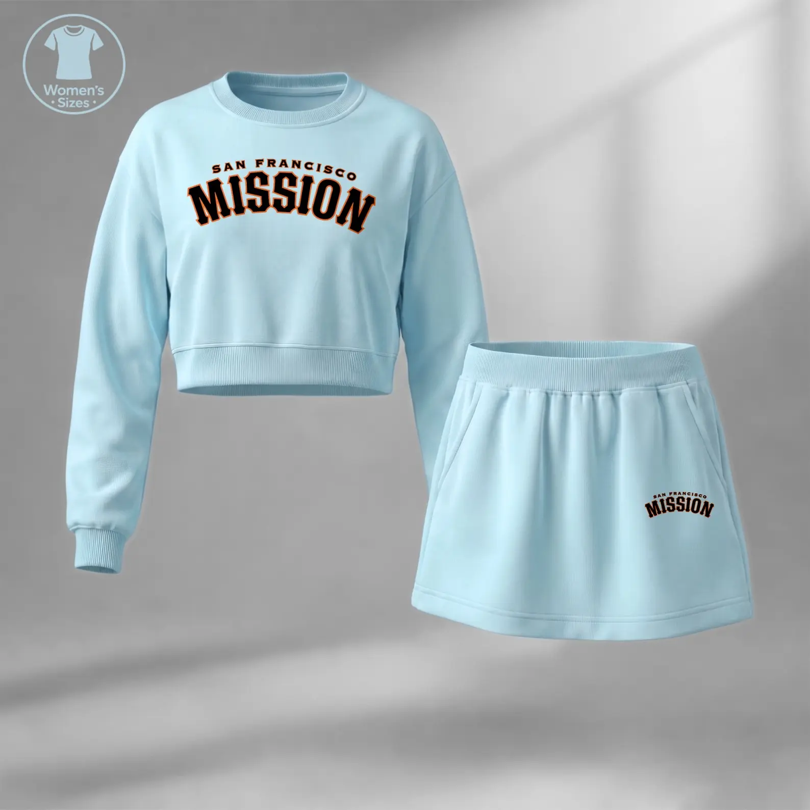 Women’s San Francisco Mission Graphic Cropped Sweatshirt Skirt Set, City Inspired Letter Print Two Piece Outfit Featuring Trendy Urban Design, Long Sleeve Crop Top with Matching Mini Skirt for Fall Fashion, Casual Streetwear