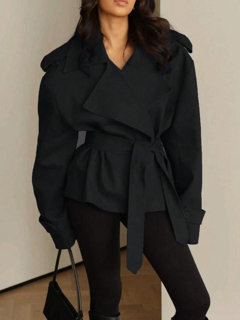 Women's Belted Windproof Jacket, Waterfall Neck Design, Long Sleeve, Non-Elastic Fabric