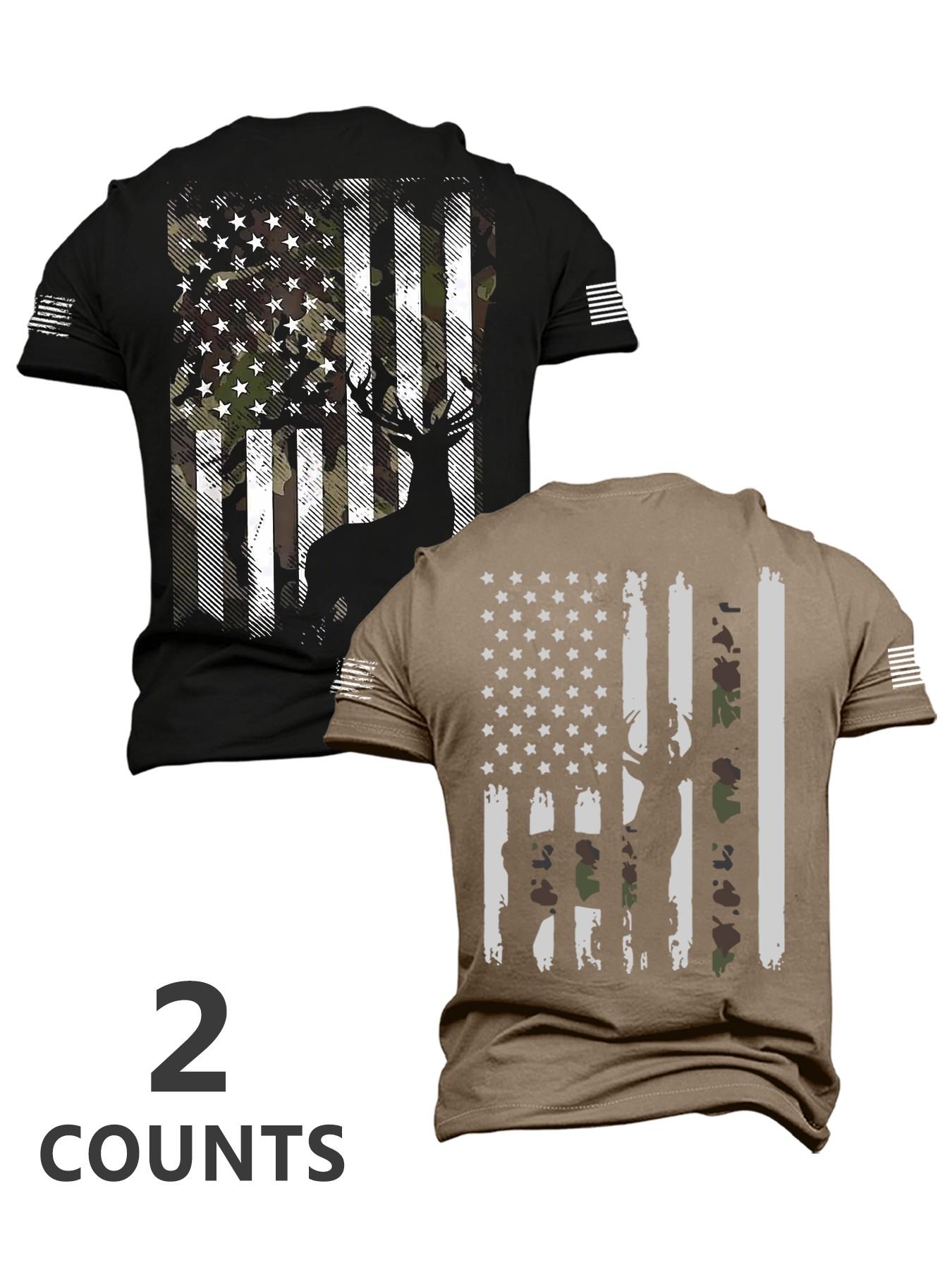 New Summer Men's Patriotic Style Deer & Flag Print T-Shirt Set Soft Breathable Short Sleeve Tees, Multiple Colors, Ideal Gift, Trendy Summer Tee