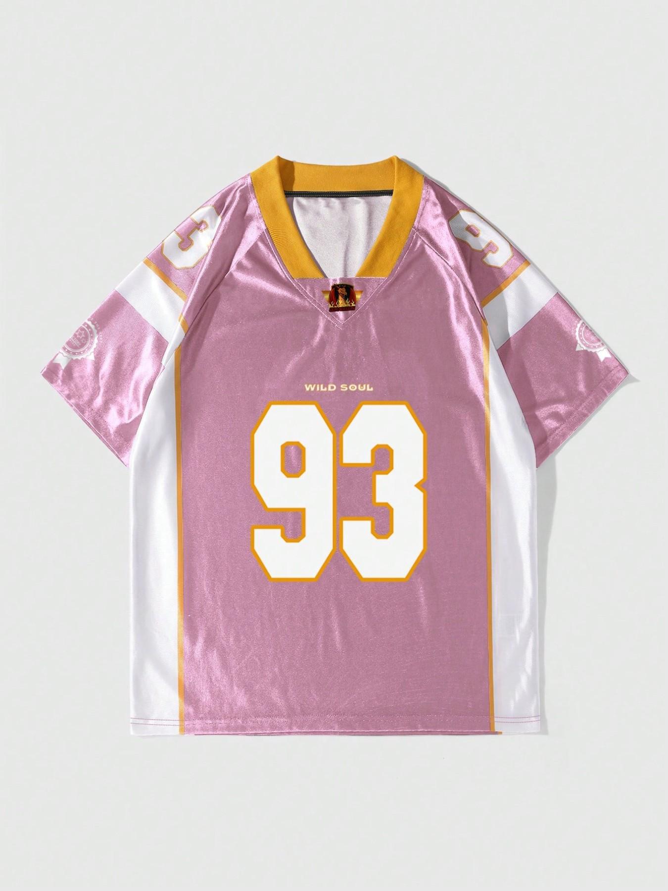 "Men's Pink Wild Soul 93 Graphic Oversized Football Jersey, V Neck Short Sleeve Mesh Streetwear Top for Daily Wear, Gym Workout and Casual Street Style"