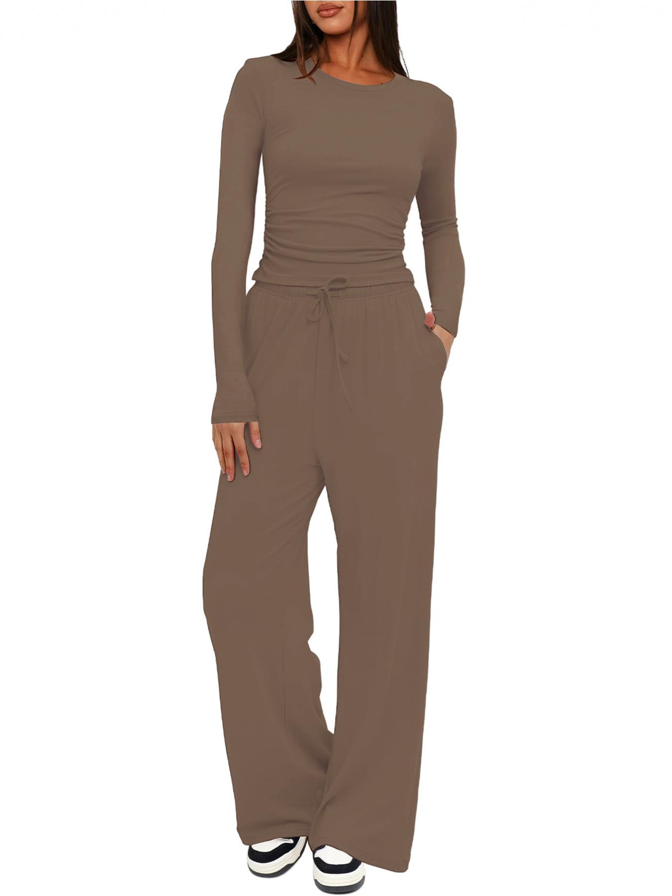 2026 Women's Solid Ruched Drawstring Loungewear Set, Casual Breathable Long Sleeve Round Neck Top & Pocket Wide Leg Trousers, Ladies Sleepwear for All Seasons Pajama Set