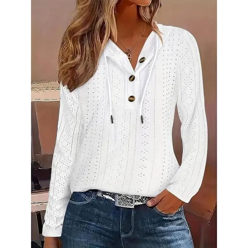 Women's Eyelet Embroidery Button Drawstring Long Sleeve Top, Casual Spring & Fall T-Shirt for Daily Wear
