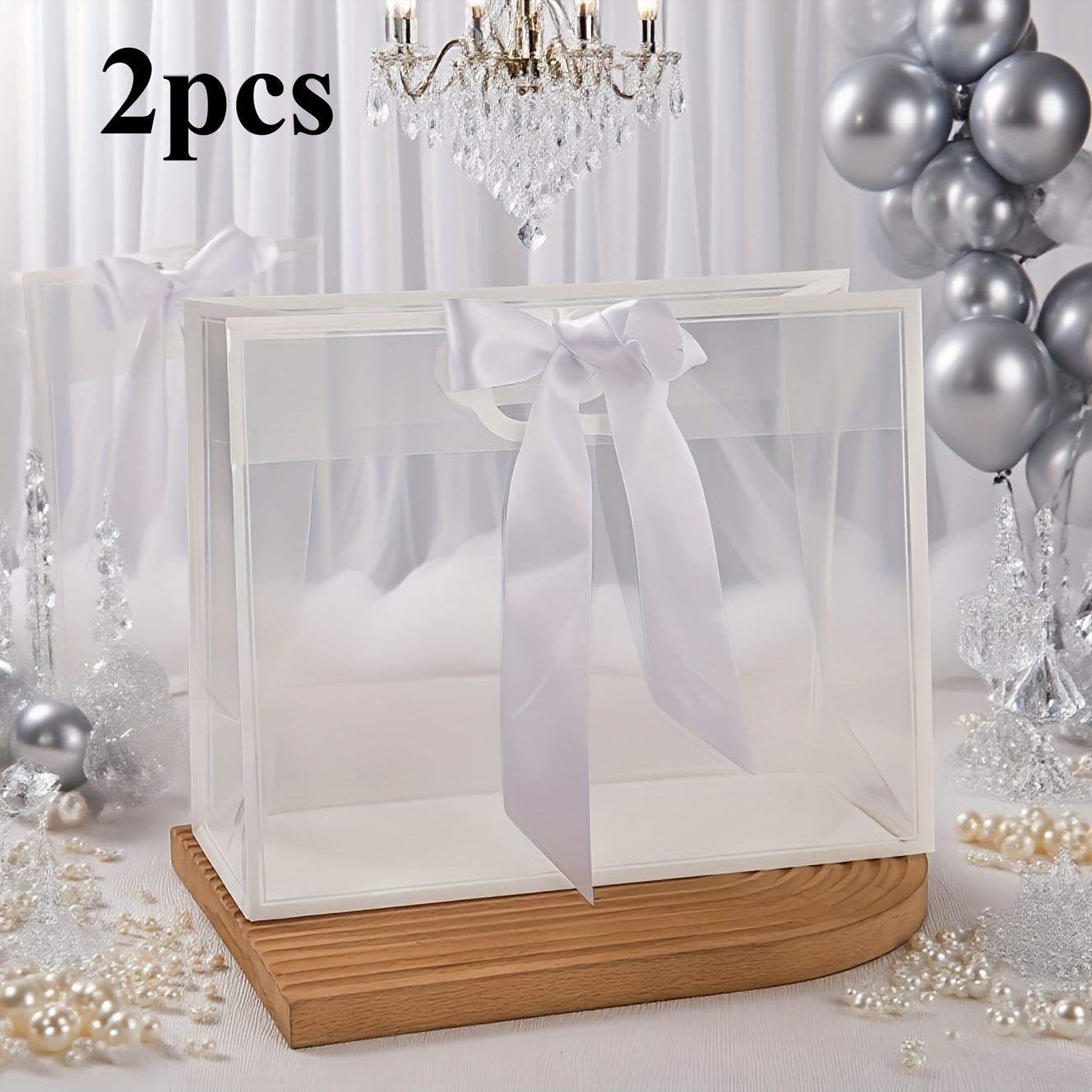 2pcs White Ribbon Handle Clear Gift Bag | Reusable, Durable, Sturdy Handle, Elegant Presentation | Weddings, Birthdays, Christmas, Easter, Mother's Day, Party, Celebration | Clear Gift Bag (Sac cadeau transparent)