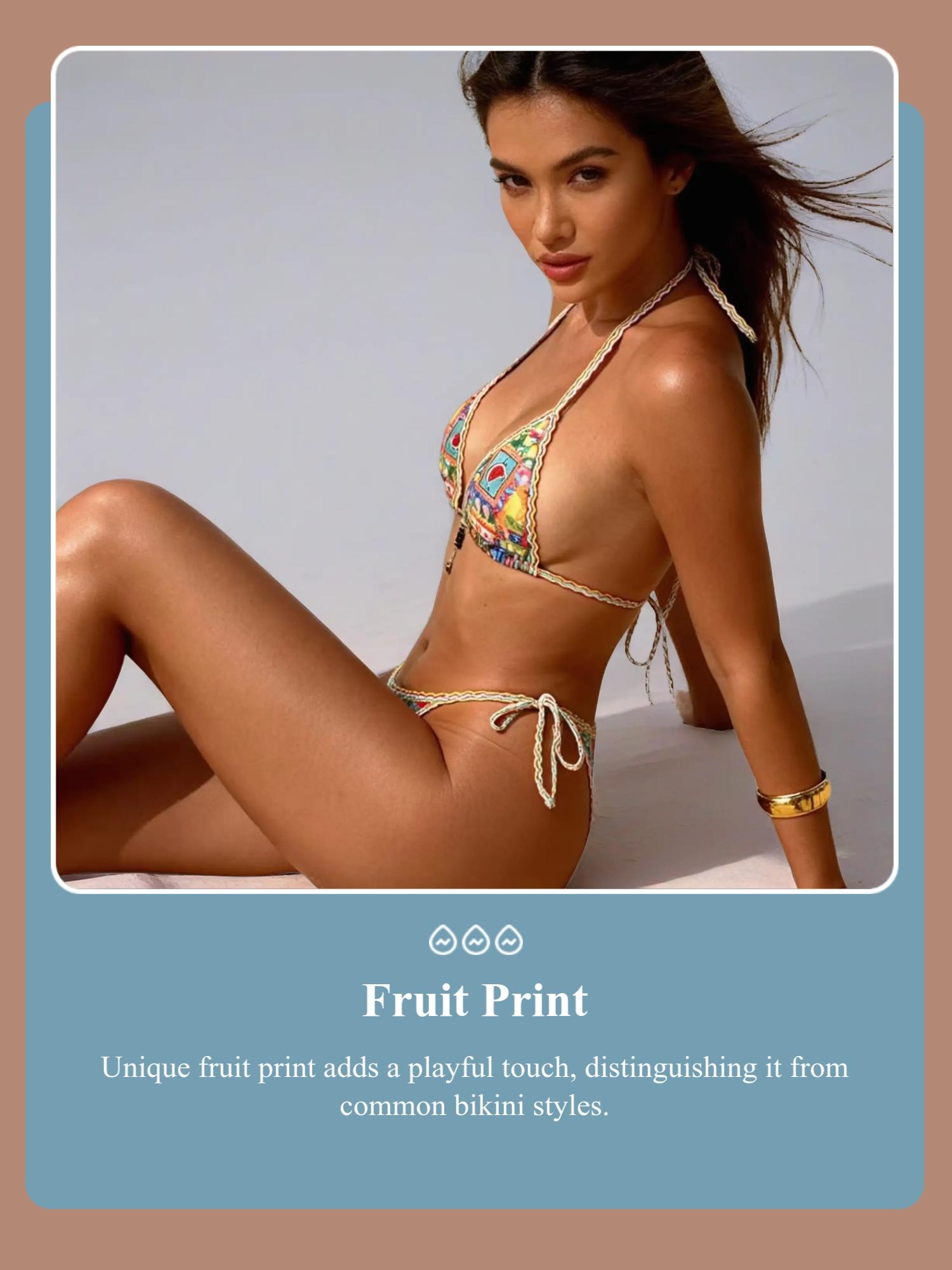 Two-Piece Set Women's Fruit Print Pendant Decor Halter Triangle Bikini Set for Beach Holiday Vacation, Ladies Swimwear for All Seasons, High Stretch Bikini