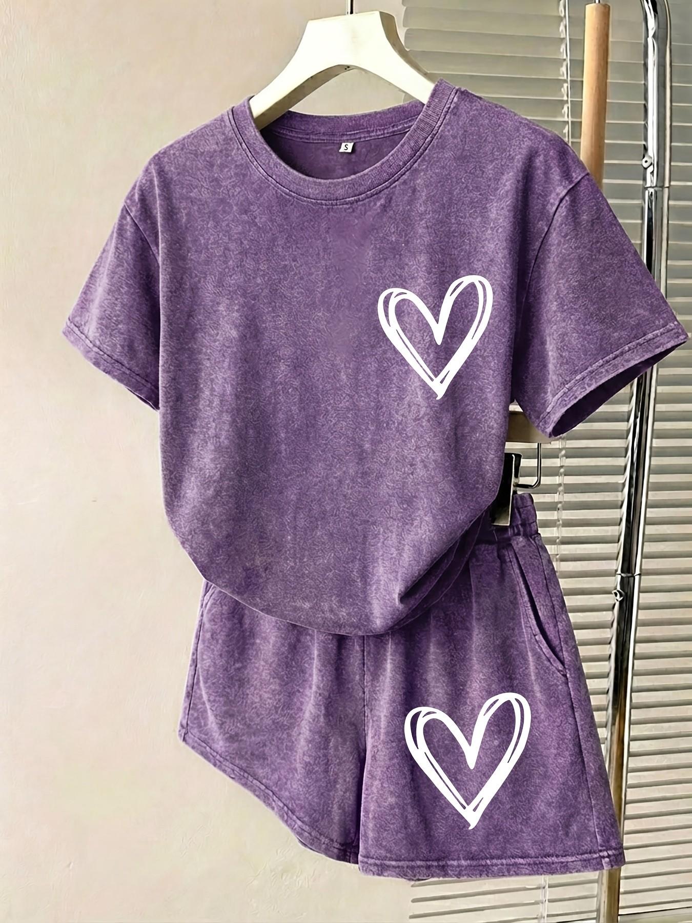 2-Piece Line Heart Print Distressed Wash Set, Heavyweight Fabric, Short Sleeve Round Neck Top and Elastic Drawstring Shorts, Basic and Versatile Outfit, Casual Summer Look