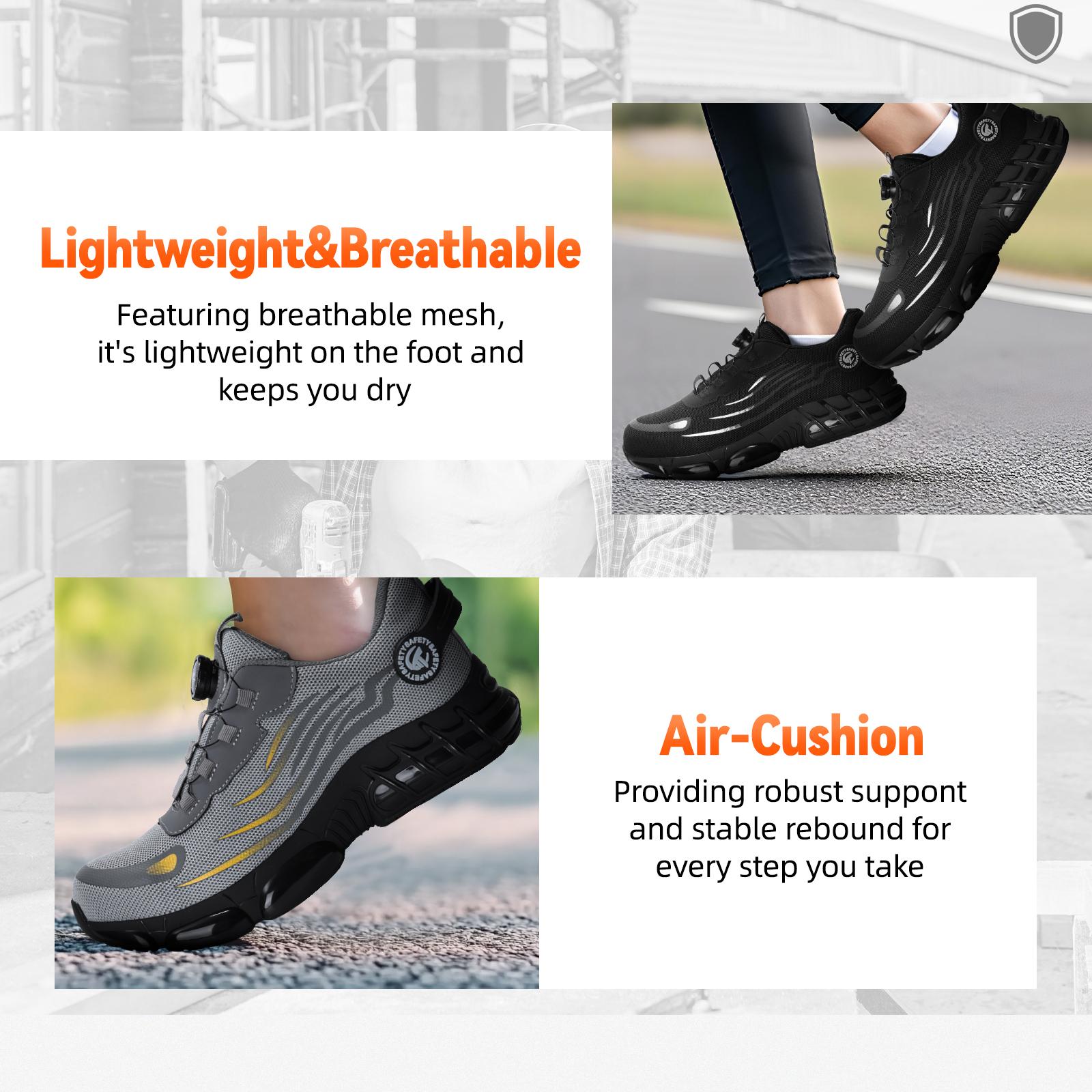 Furuian Men's Steel Toe Safety Shoes Black Air Cushion Kevlar Sole Anti-Puncture Anti-Slip Work Sneakers for Outdoor Industrial Construction