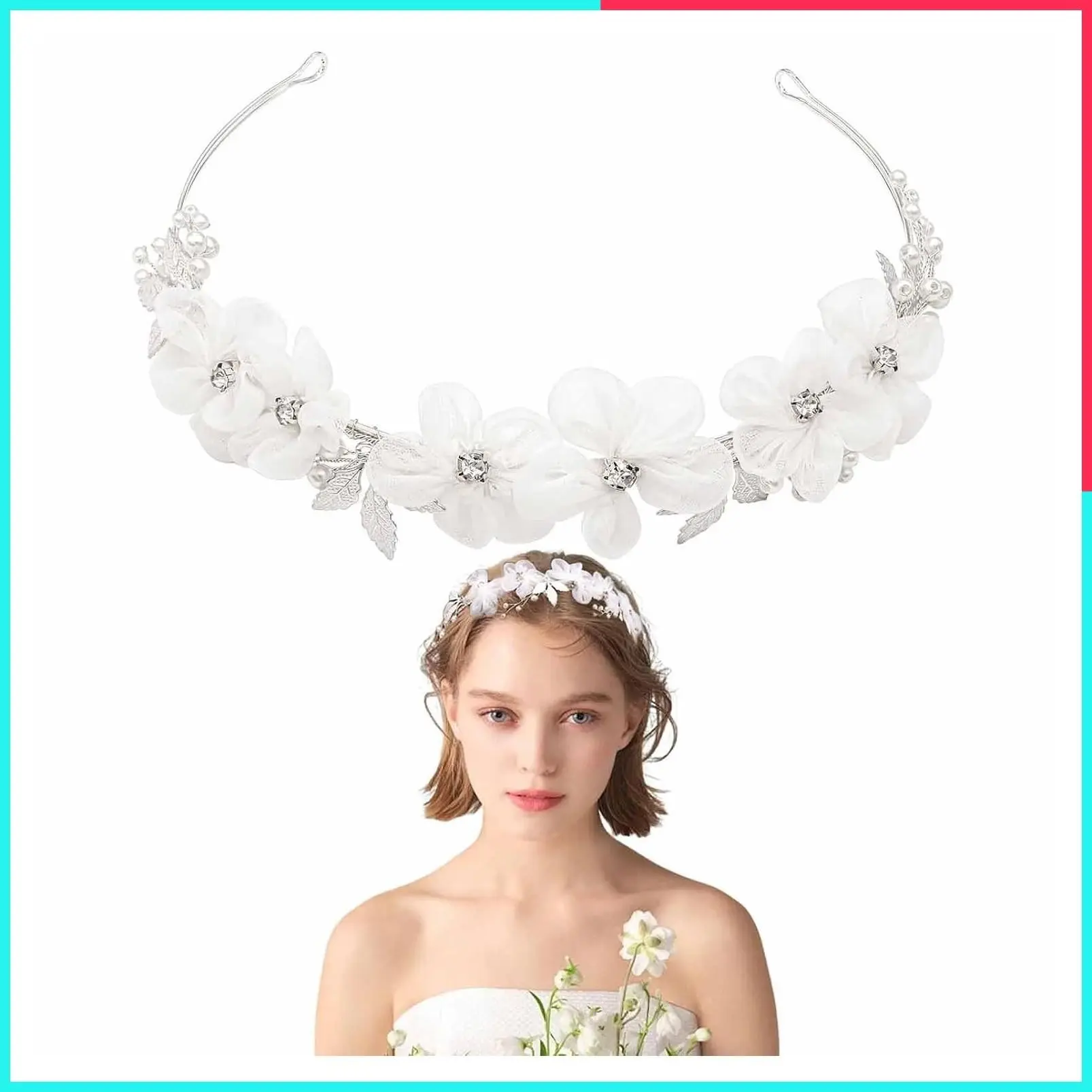White Tulle Flower Headband with Rhinestones, Crystal Pearls, Princess Tiara Hair Accessories for Women and Girls Wedding, Birthday, Party, First Communion