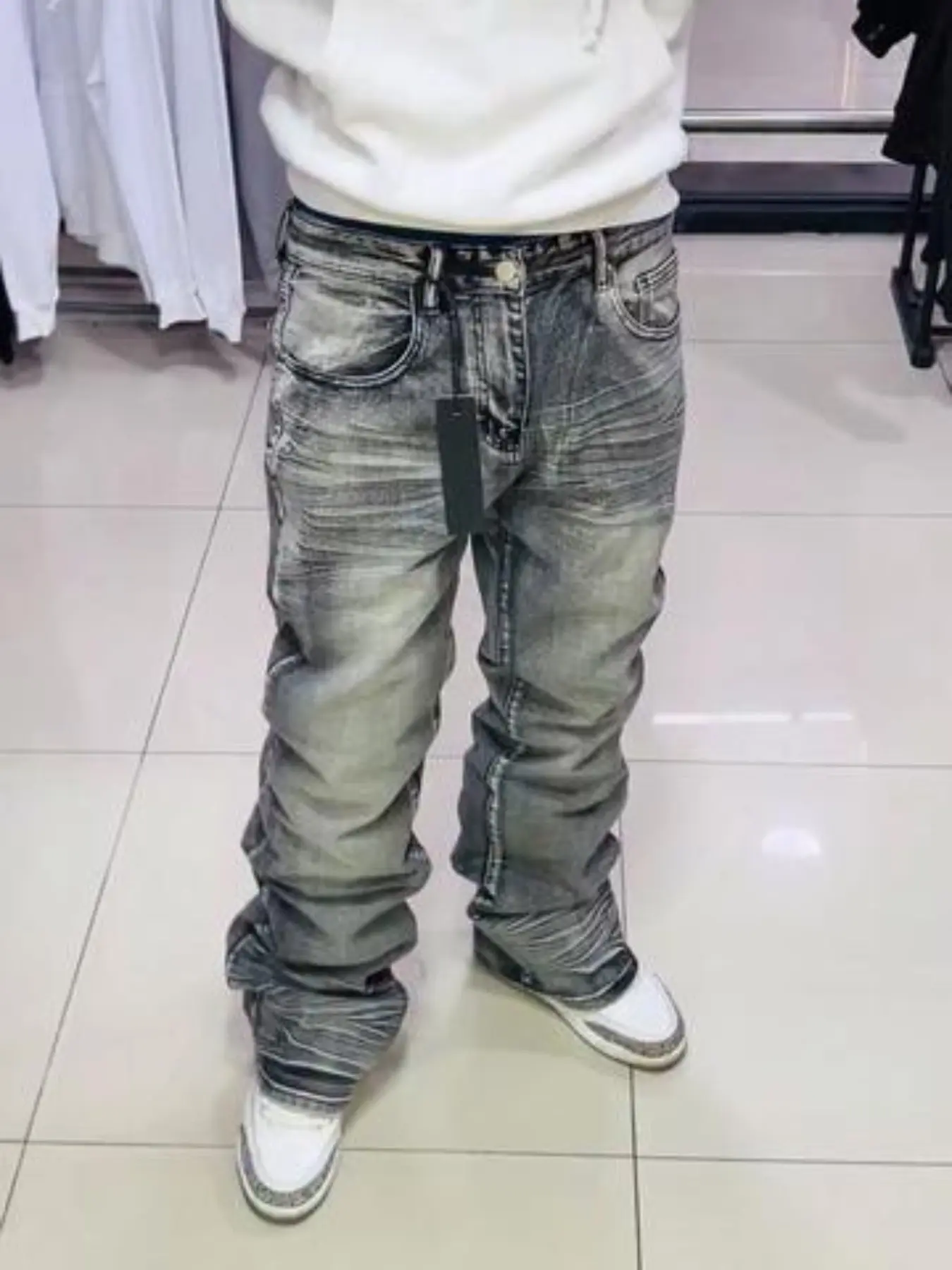 Washed Micro Flare Jeans, Streetwear Layering Denim Jeans, Loose-Fit Button Fly, All-Season Daily Wear, Casual Style