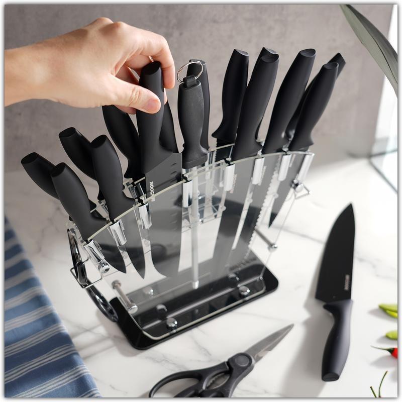19-piece kitchen knife set with chef's knife, bread knife and scissors, including sharpening rod and integrated knife block