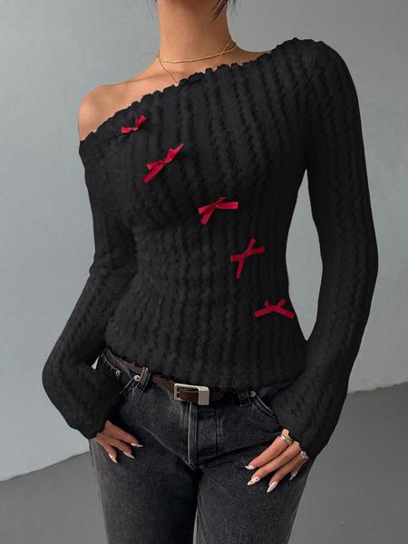 Valentine's Day Women's Bow Decor Asymmetrical Neck Tee, Cute Long Sleeve Top for Fall & Winter, Women's Clothing for Daily Wear