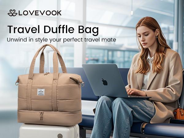 LOVEVOOK Travel Duffle Bag for Women, 3Pcs Puffer Large Weekender Overnight Bag with Shoe Compartment, Water Resistant Gym Duffel Bag, Carry on Bag for Hospital Delivery with Toiletry Organizer TikTokShopStockUp