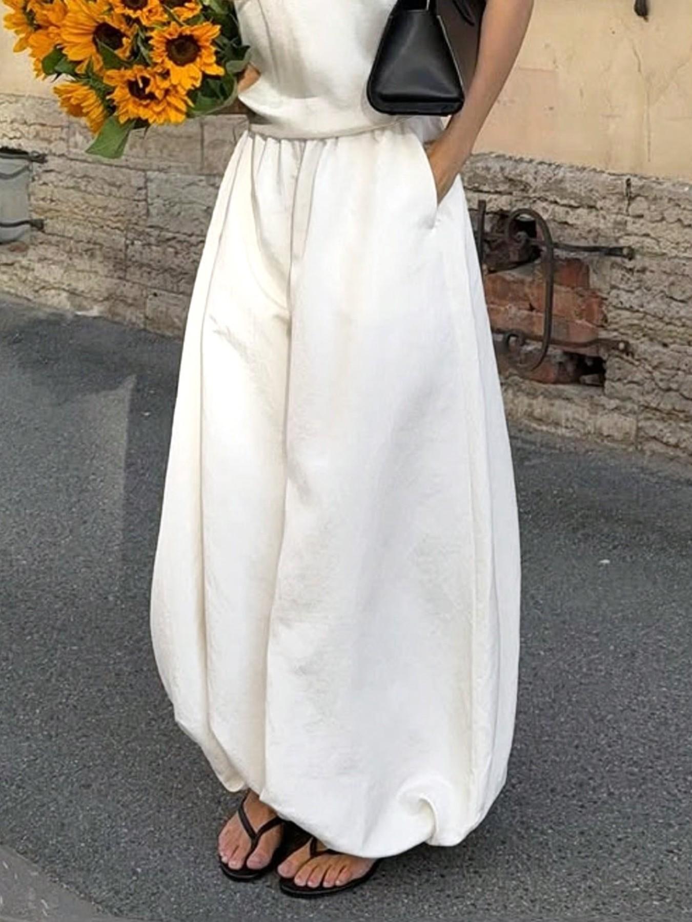 White Elastic High Waist Wide Leg Pants Women Loose Fit Bubble Hem Trousers Casual Streetwear Summer Going Out Bottom Elegant Chic Flowy Balloon Pants Fashion Casual Minimalist Pants Casual Fashion Bottoms Flowing Trousers