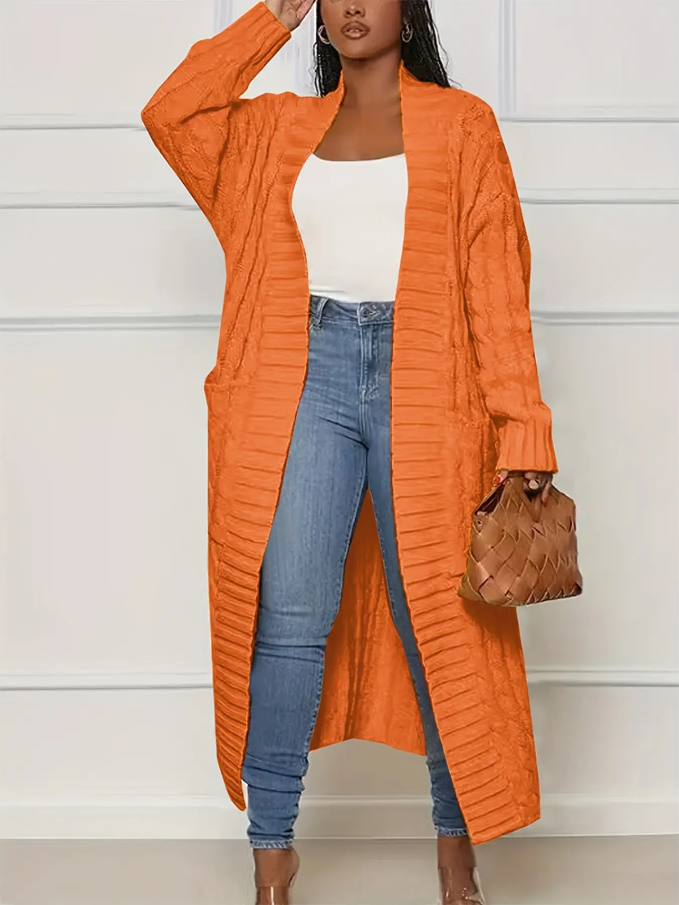 Women's Solid Color Textured Drop Shoulder Pocket Longline Cardigan, Casual Open Front Knitwear for Fall & Winter, Women's Knit Clothing for Daily Wear, Sweaters for Women