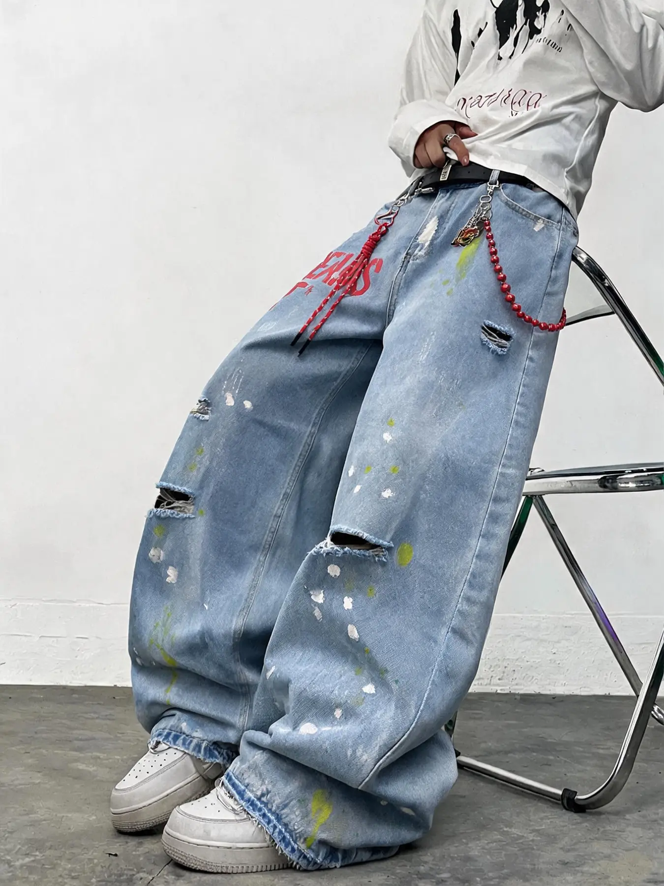 Vintage Fashion Ripped Wide Leg Jeans, American High Street Letter Print Loose Fit Denim Jeans for Men, Y2K Streetwear Skateboarding Daily Wear