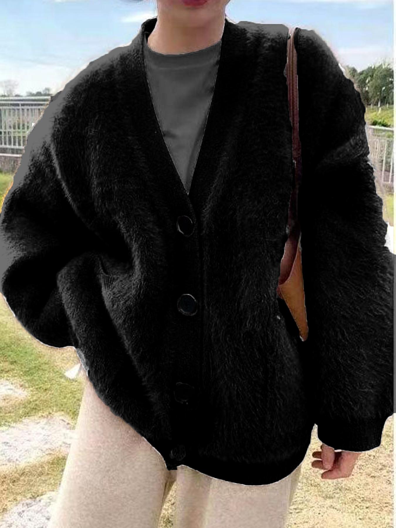 Women's Solid Button Front Pocket Drop Shoulder Fuzzy Sweater Cardigan, Casual Long Sleeve V Neck Cardigan for Daily Wear, Ladies Knitwear for All Seasons