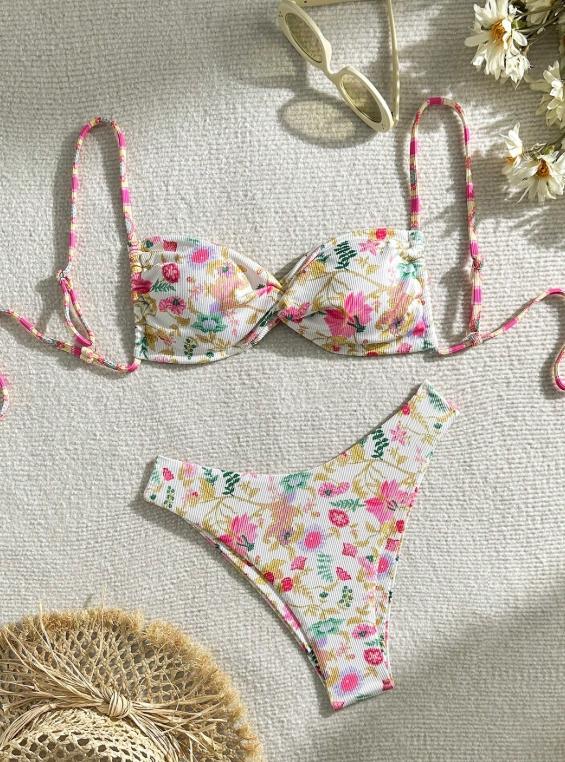 2026 Women's Watercolor Floral Bikini Set with Adjustable Straps, Padded Cup Low Rise Thong, Perfect for Beach & Pool Vacation