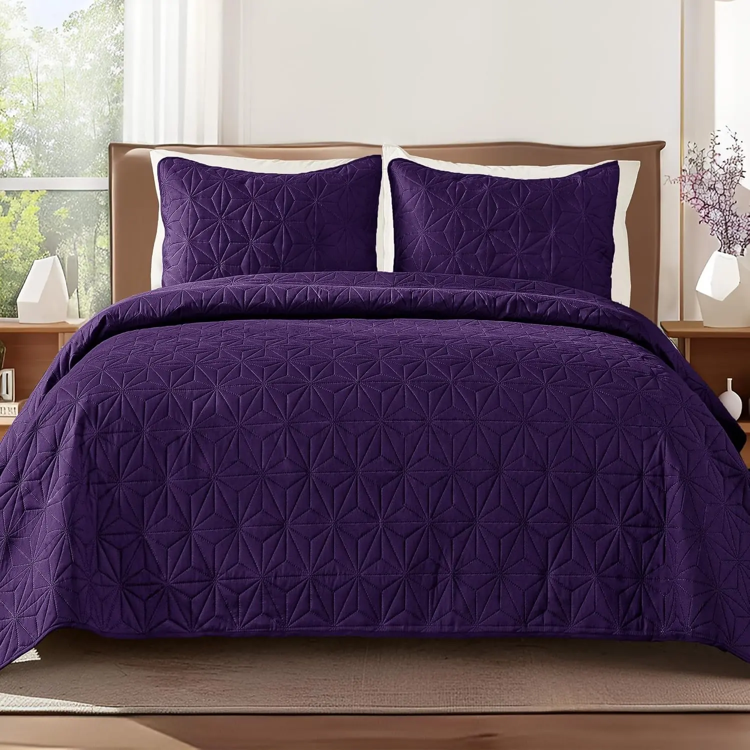 Soft Queen Quilt Bedding Set 3-Pieces Lightweight Bedspread | Purple microfiber breathable all season quilts for bed, reversible coverlet with 2 pillow shames, modern geometric pattern