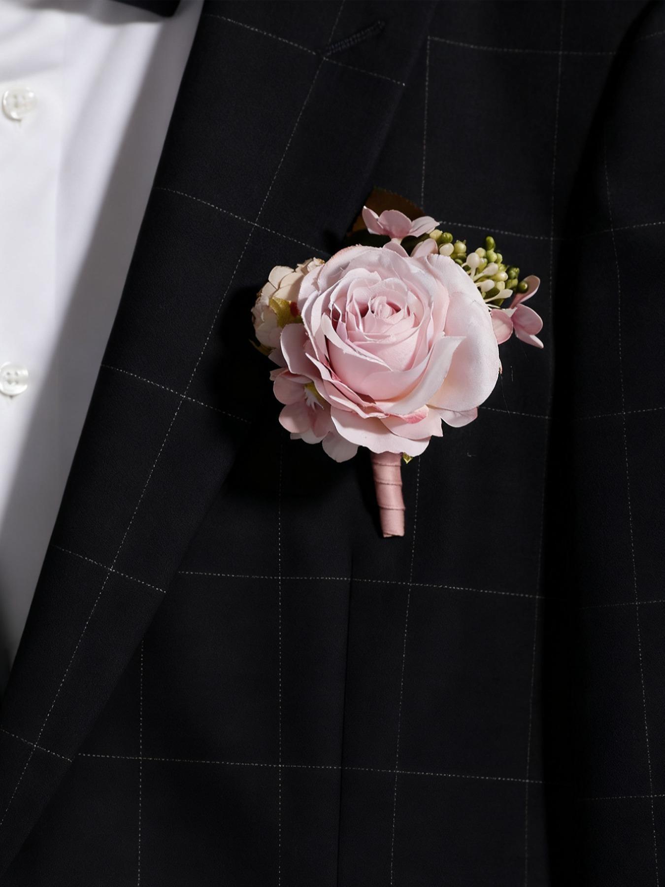Artificial Rose Wedding Corsage with Leaves, Handmade Flower Brooch for Groom Bride Bridesmaid, Elegant Prom Party Hair Accessory