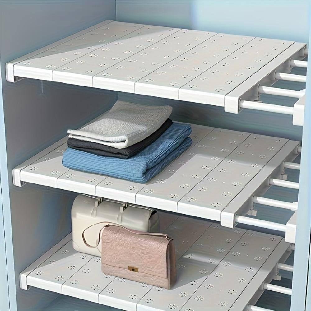 Adjustable Storage Shelf Set - 3-piece set including 1 shelf board and 2 brackets, with an expandable space-saving design suitable for wardrobes, kitchens, and bathrooms, featuring retractable partition boards, multi-layer cabinet storage shelves