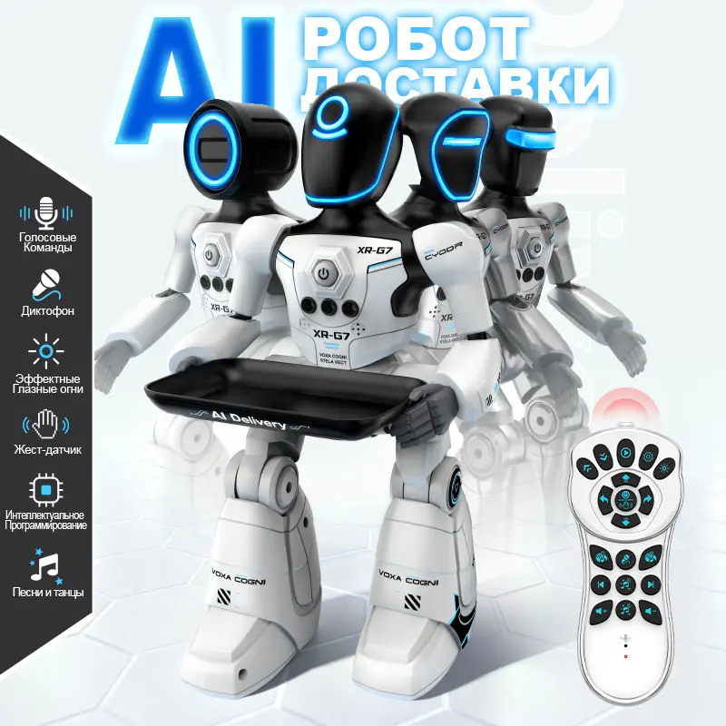 Programmable Humanoid Robot Toy, Remote Control Delivery Robot with Serving Tray, Futuristic Smart Robot Model with Cool Light for Hobby Collection