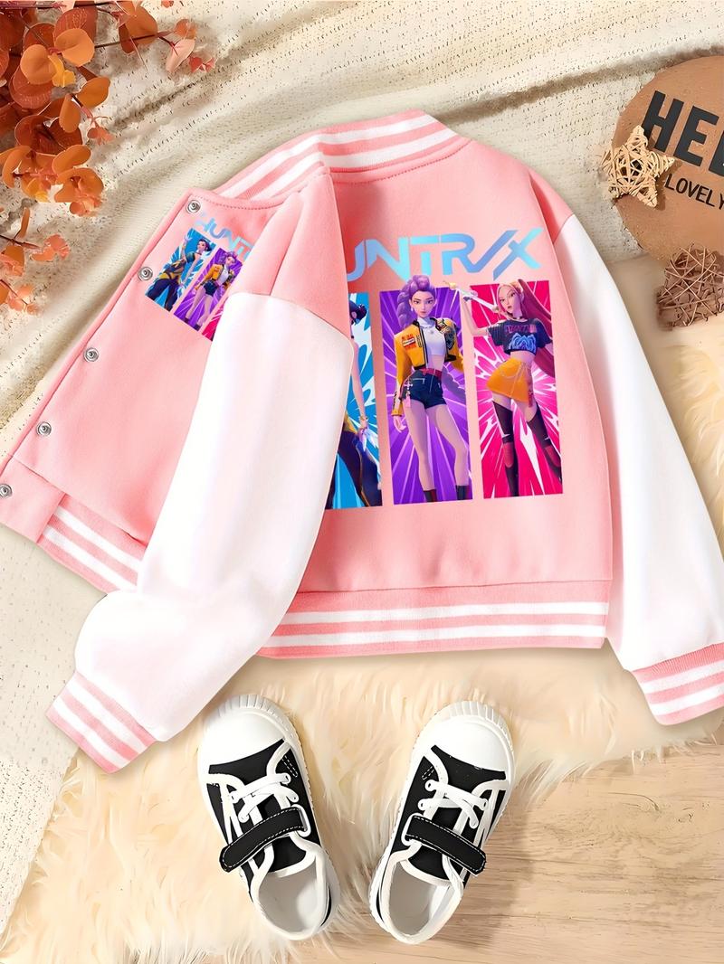 Girls Halloween Christmas Short Baseball Jacket, Teen Titans Jackets, Casual Sports School Uniform, Elastic Fabric, Youth Fashion, Fall Winter Outerwear