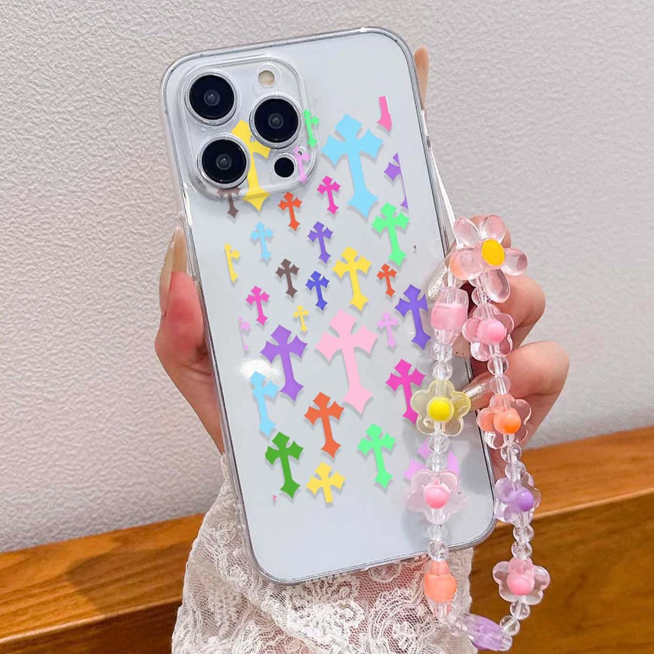 1pc Multicolor Cross Pattern Transparent Anti-Drop Phone Case with Lanyard, Compatible with iPhone 11/12/13/14/15/16 Series, Fashionable Design