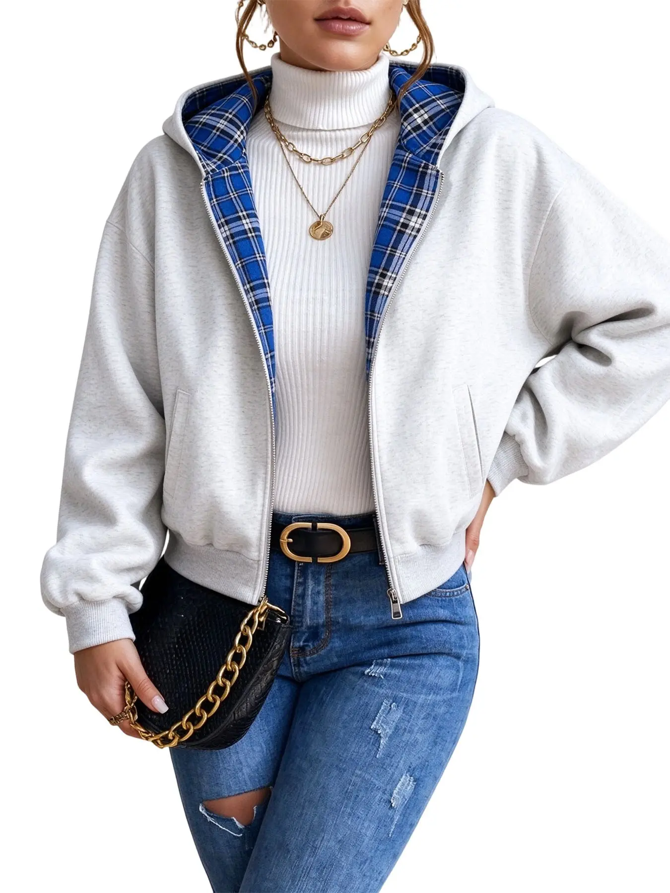 Autumn Winter Cotton Plaid Hooded Open Front Jacket, Casual Versatile Long Sleeve Pullover Coat, Comfortable and Stylish Outerwear