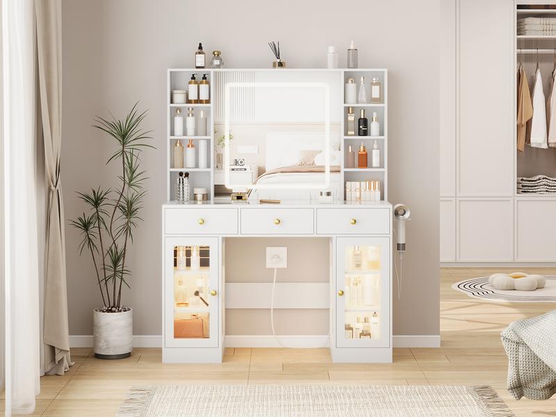 Led Light White Vanity Desk with Mirror and Lights, Glass Top Vanity with Lighted Mirror & RGB Cabinet and 3 Drawers, Dressing Table with 8 Shelves, Modern makeup vanity，Makeup Desk with Lights for Girls Bedroom,