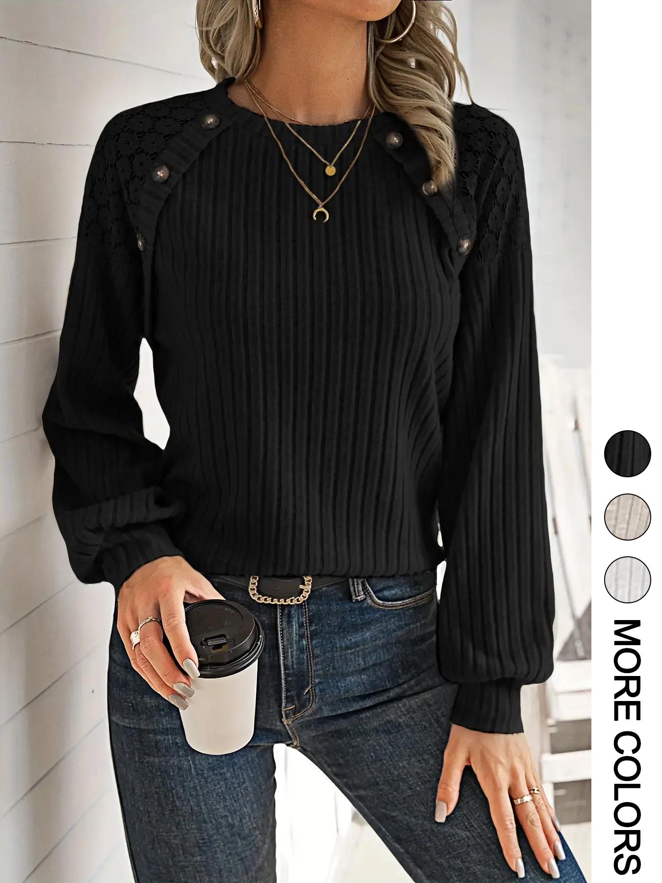 Women's Contrast Floral Lace Button Decor Ribbed Tee, Casual Drop Shoulder Long Sleeve Round Neck T-shirt for Spring & Fall, Fashion Women's Tops for Daily Wear