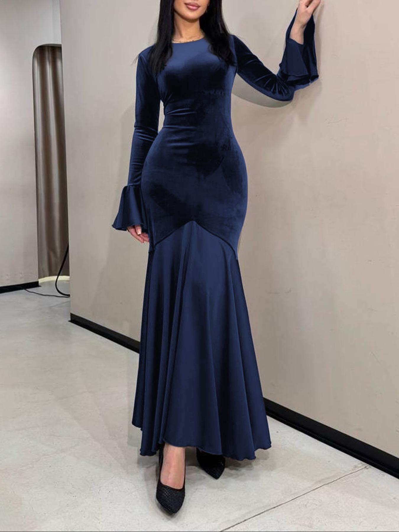 Fashion Elegant Flare Sleeve Lace-Up Bodycon Dress, Long Sleeve Casual Fall Dress, Plain Pattern, Slender-Fitting Design