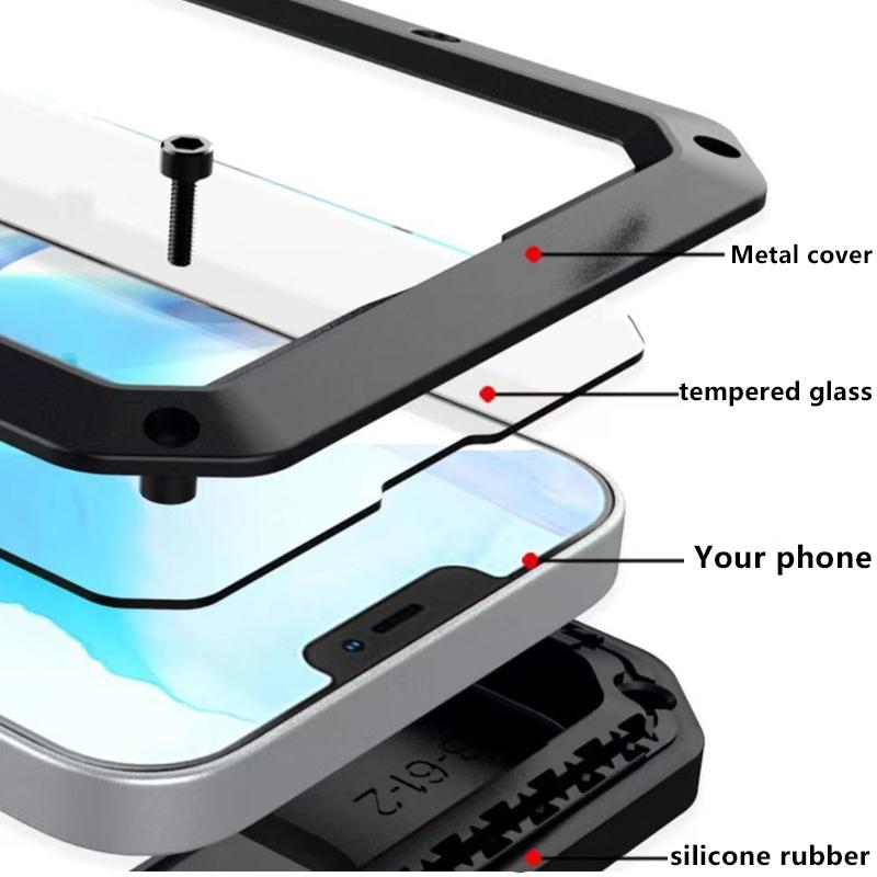 Metal Case For iPhone 16/15/14/13/12/11 ProMax/15 Plus/14 Plus/12/13/XR/Xs Max/X/XS PlusHeavy Duty Tough Rugged Case WithBuilt-in Glass Screen Protector, 360 FullBody DustProof Protective Cover