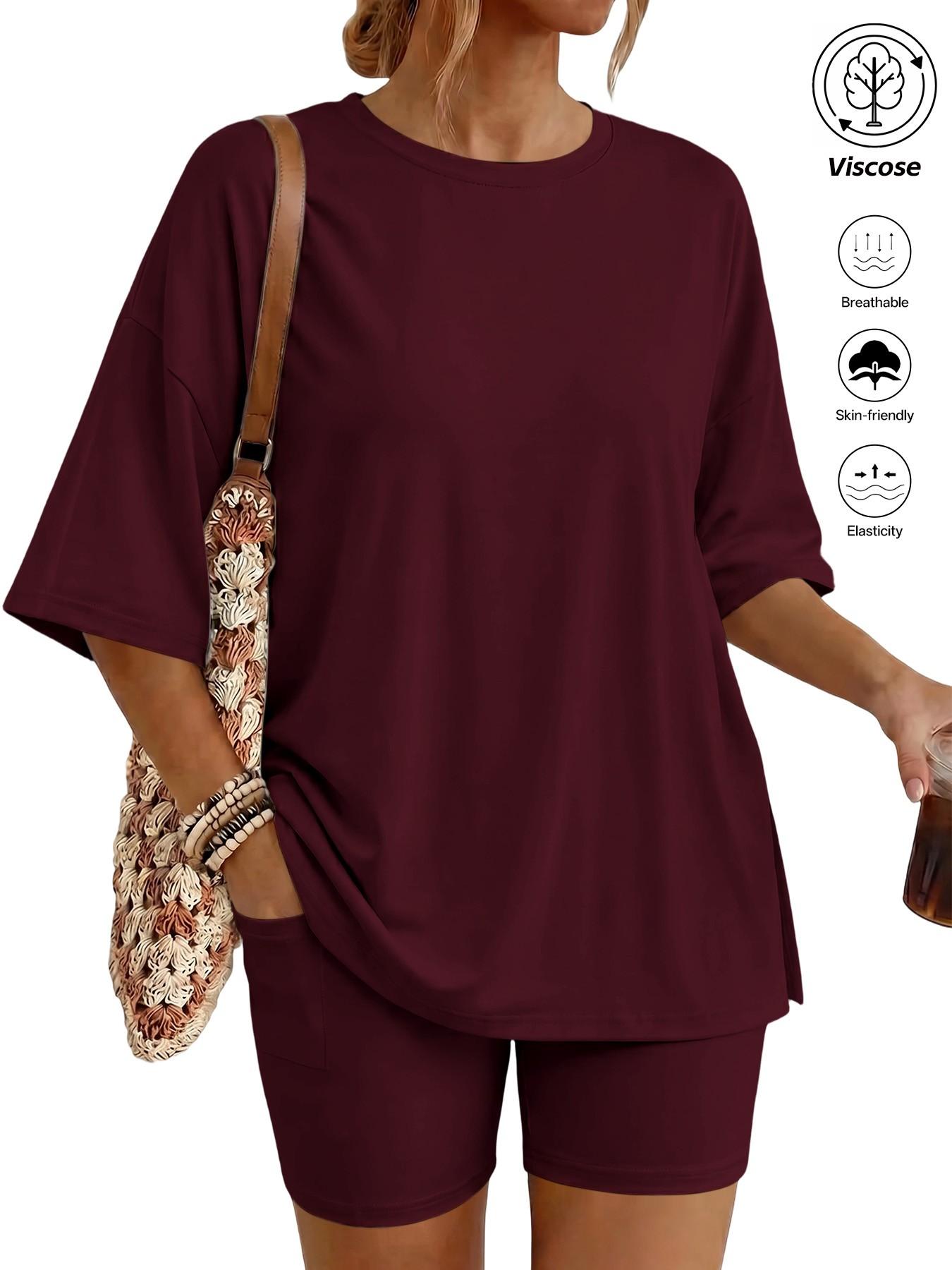 Women's Two Piece Lounge Set Matching, 2026 Summer Casual Basic Oversized Shirts & Biker Shorts, Fitted Plain Design, Perfect for Airport Travel Womenswear Clothes