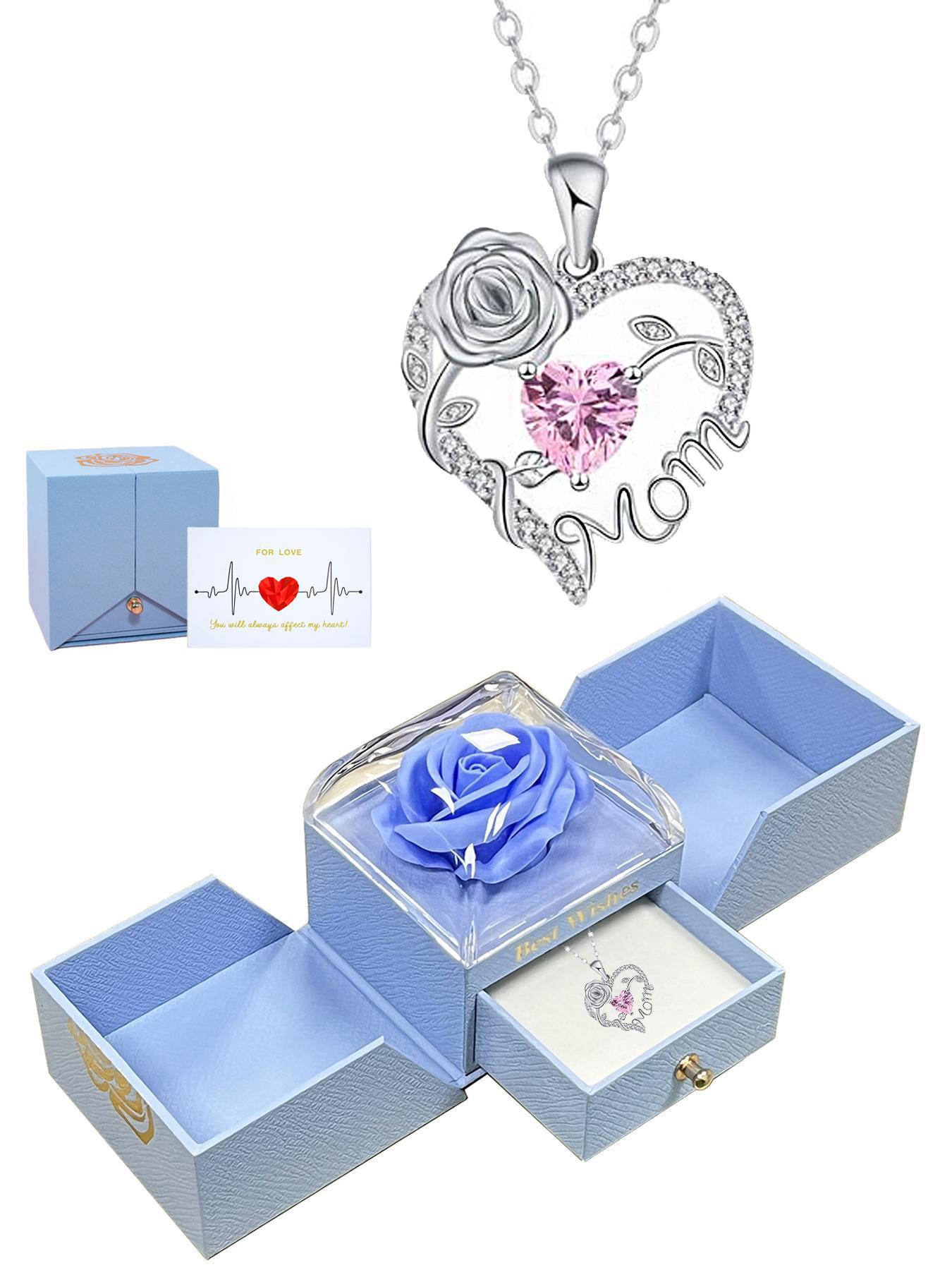 This rose jewelry gift box contains a heart-shaped rose mother's pendant necklace, a perfect gift for her/mother, aunt, grandmother, or wife on birthdays, Mother's Day, Valentine's Day, Women's Day, and Christmas.