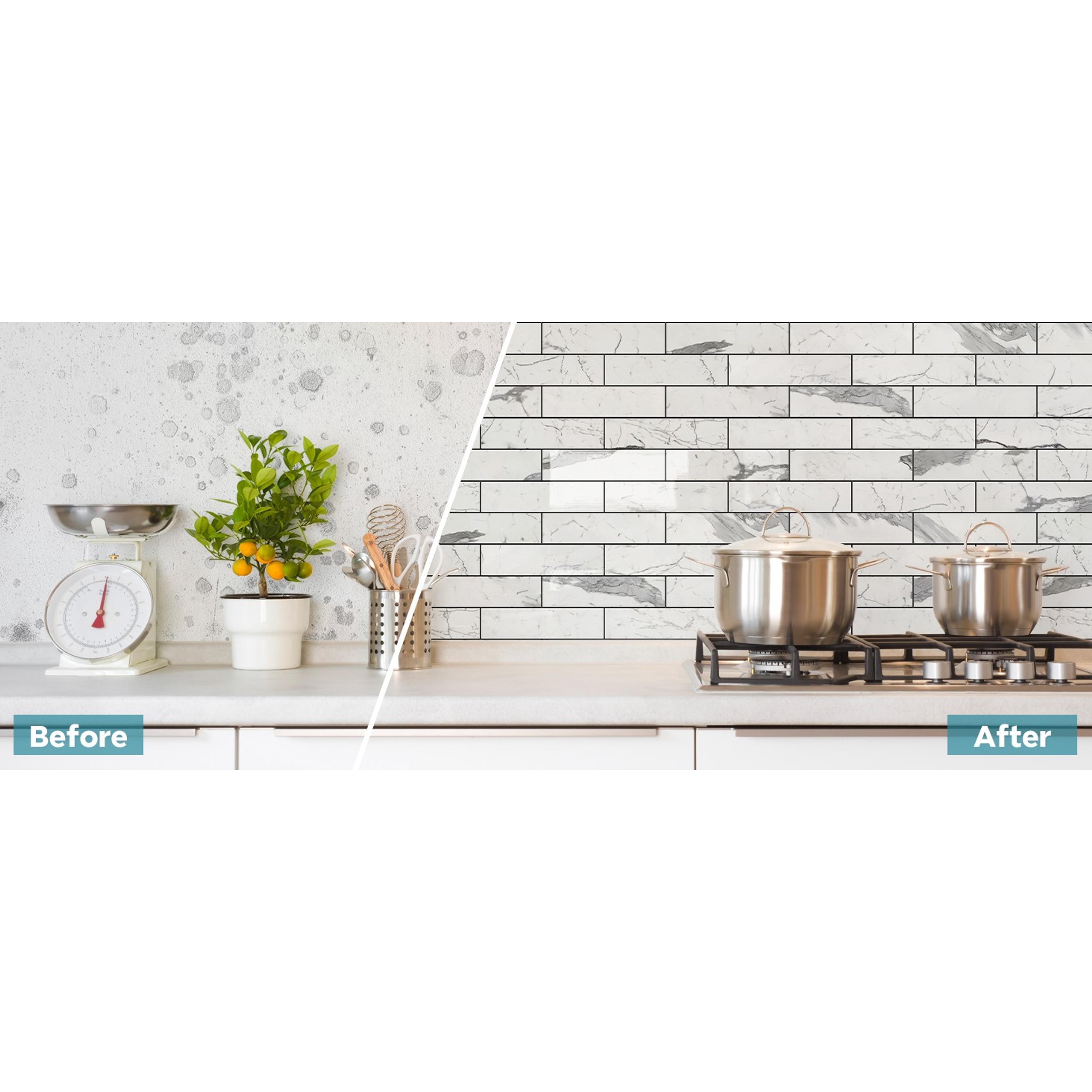Peel and Stick Backsplash, Glossy 40-Piece 3''x12'' Subway Tile | Statury White with Dark Gray Grout Wall Tile,PVC Faux Stone Stick on Subway Tiles for Kitchen,Bathroom,Laundry,Camper Peel and Stick Backsplash, Glossy 40-Piece 3''x12'' Subway Tile | Statury White with Dark Gray Grout Wall Tile,PVC Faux Stone Stick on Subway Tiles for Kitchen,Bathroom,Laundry,Camper