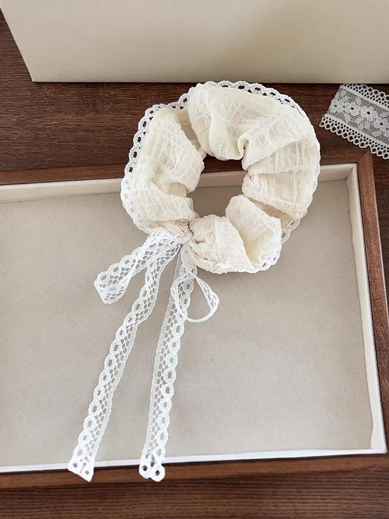 2 Pcs Korean Style Lace Edged Hair Ties, Elegant Bow Design, Casual All-Season Headband, Ditsy Floral Pattern, High-Quality Elastic Bands