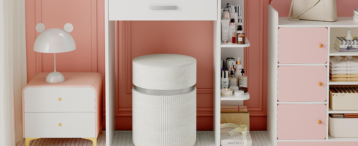 Makeup Vanity Desk with Mirror and Lights, 26.4”Small Vanity Mirror with Lights with Large Drawer and 6 Level Storage, White Vanity with Large Led Mirror with 3 Color Lighting Modes Makeup Vanity Desk with Mirror and Lights, 26.4”Small Vanity Mirror with Lights with Large Drawer and 6 Level Storage, White Vanity with Large Led Mirror with 3 Color Lighting Modes