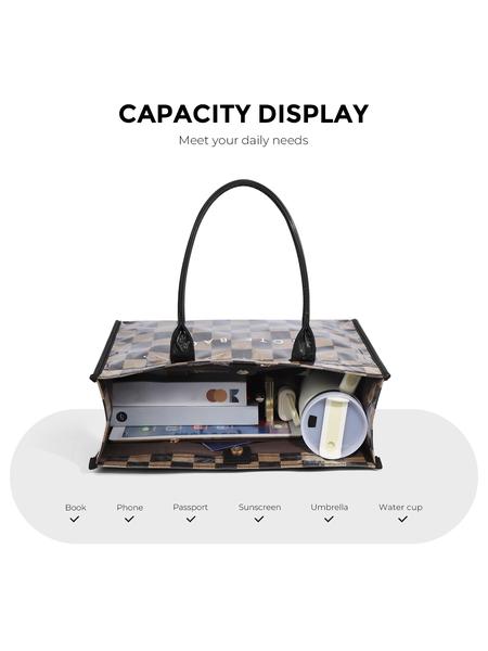 Women's Retro Checkered Letter Print Casual Tote Bag, Large Capacity Transparent Commuter Handbag, Versatile Daily Use Shoulder Bag