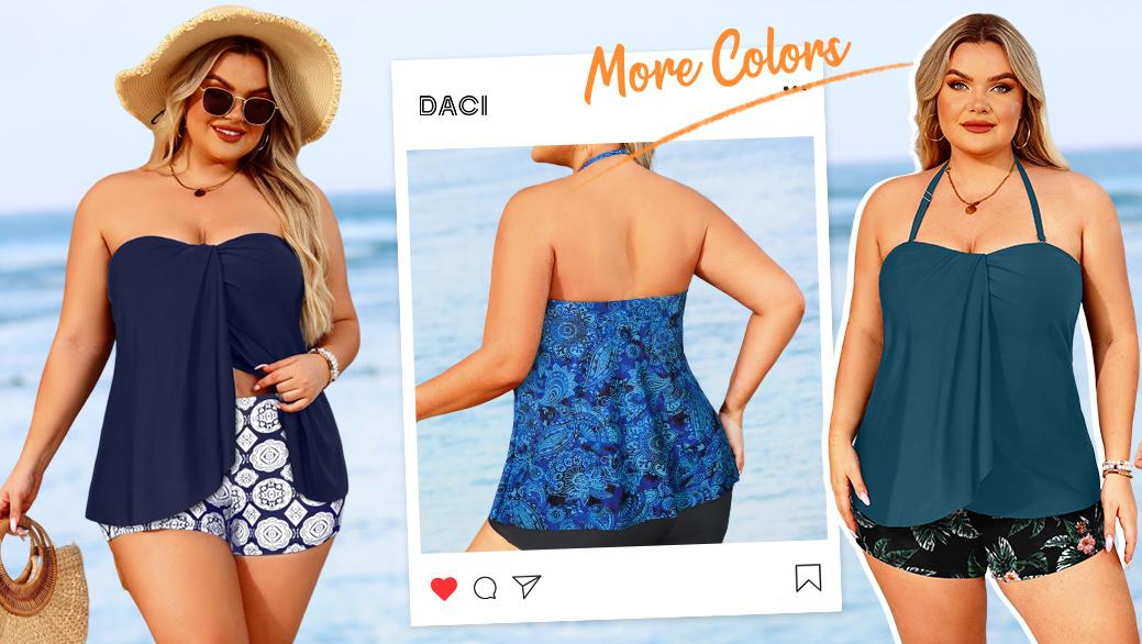 Daci Plus Size Bandeau Tankini Swimsuit for Women Two Piece Halter Swim Top with Shorts Flyaway Tummy Control Bathing Suits
