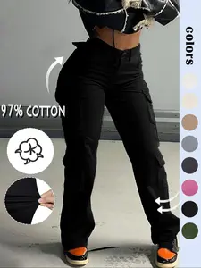 GILIPUR Women's High-Waisted Button Cargo Pants, Casual Everyday Comfortable Basic Style, Y2K Kpop Streetwear, Pocket Design, All Seasons, Long Pants