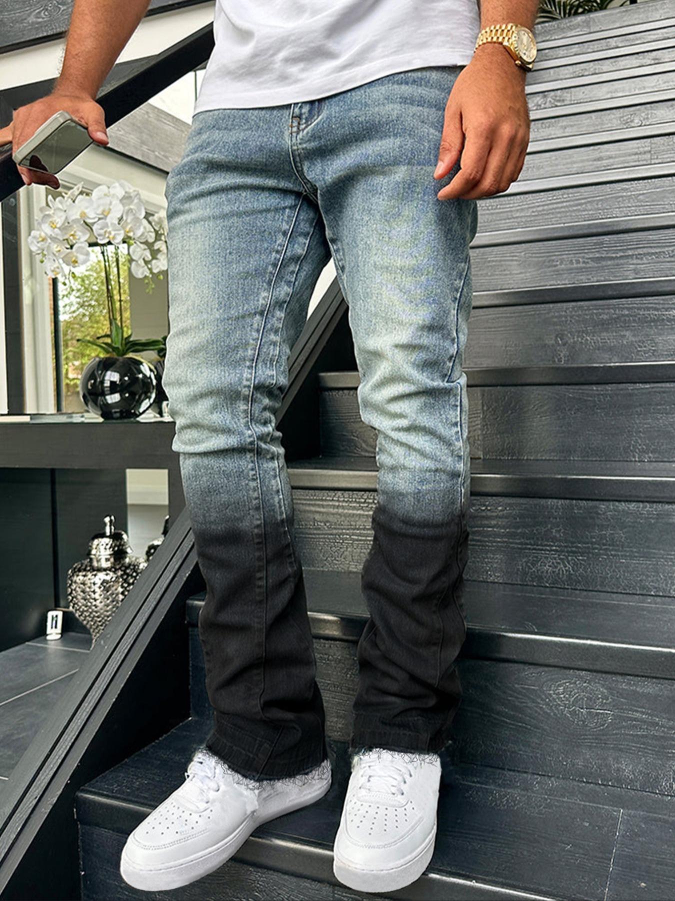 Men's Blue Slim Fit Elastic Straight Leg Jeans, Vintage Washed Look, Zipper Fly, All Seasons, Minimalist Style