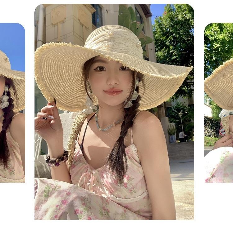 2025 n solar powered fan hat ew straw female lace bow summer large brim sunscreen sun beach sun sun fashion  trucker hats women fitted hats bonnet blue ti hats beret store one  piece  fake  straw  hat custom fedoras