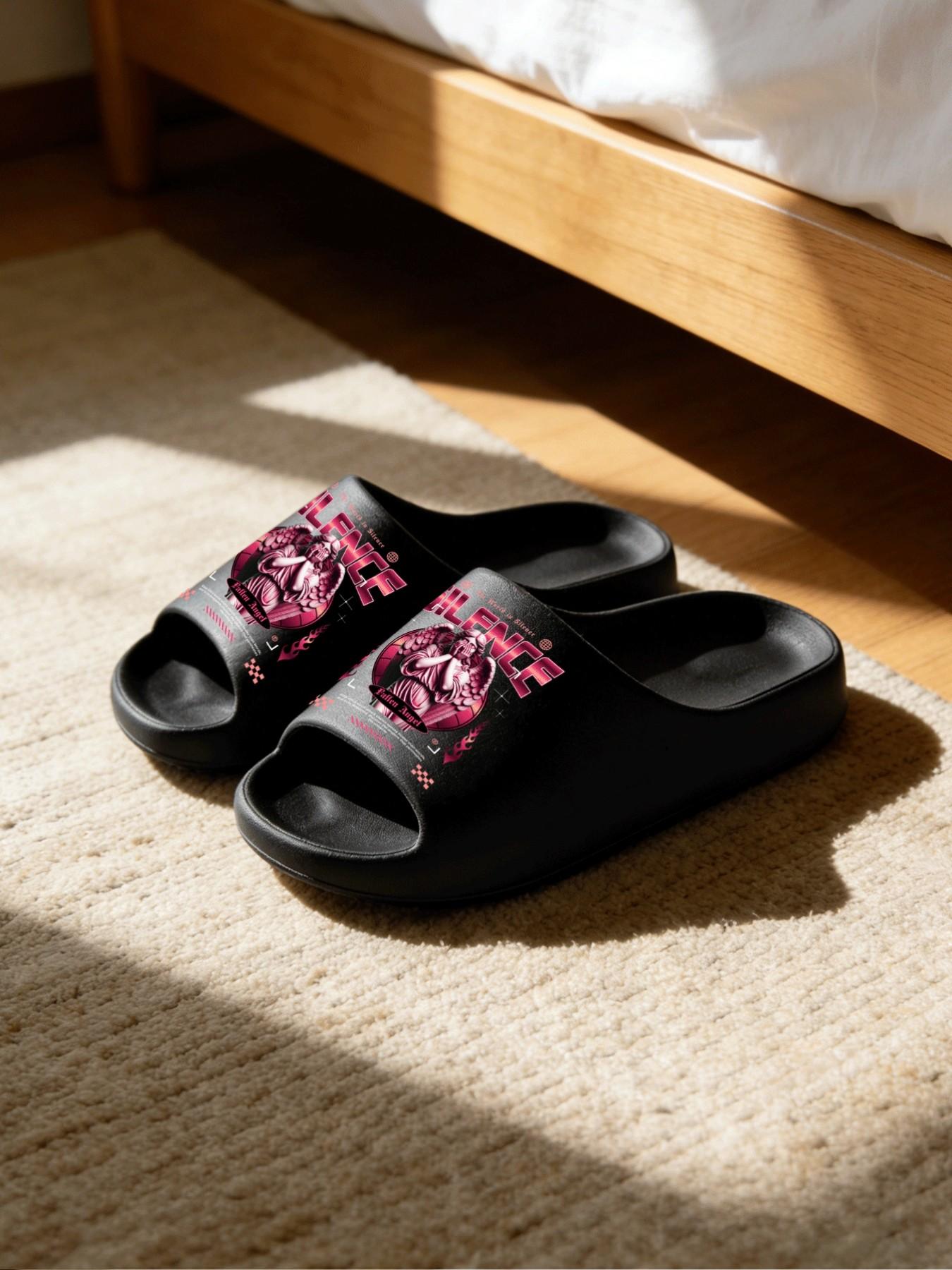 Angel Print Fashion Slippers, Cyberpunk Style, Thick Sole Soft Bottom, Couples Home Outdoor Use, Asymmetrical Design, Eva Material