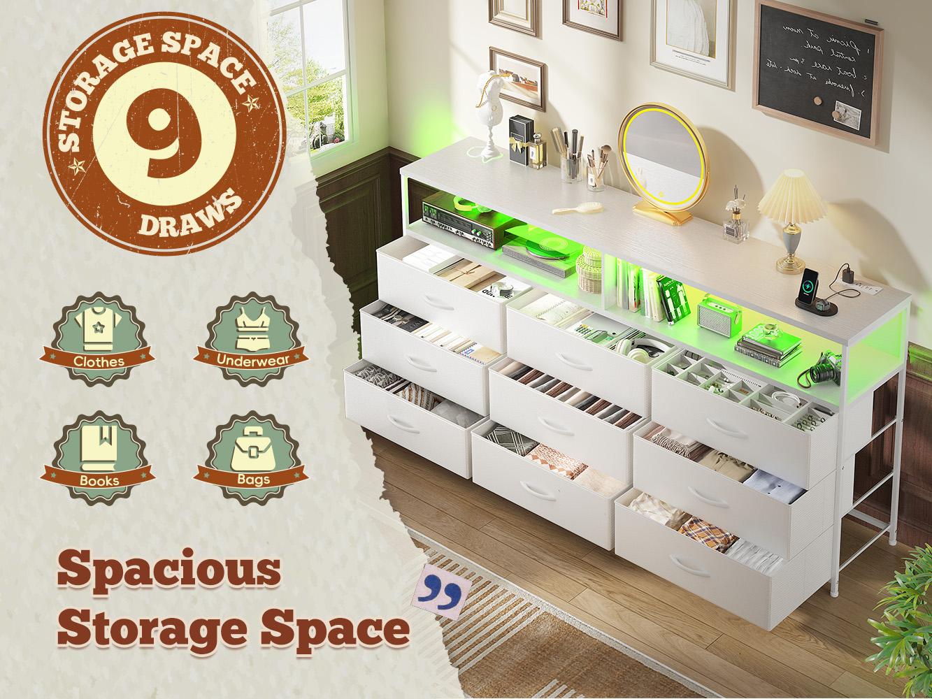 Raybee Furniture 65" TV Stand Dresser with 9 Fabric Drawers, Modern Chest with LED Lights & Built-in Charging Station, Long Storage Dresser with Wooden T