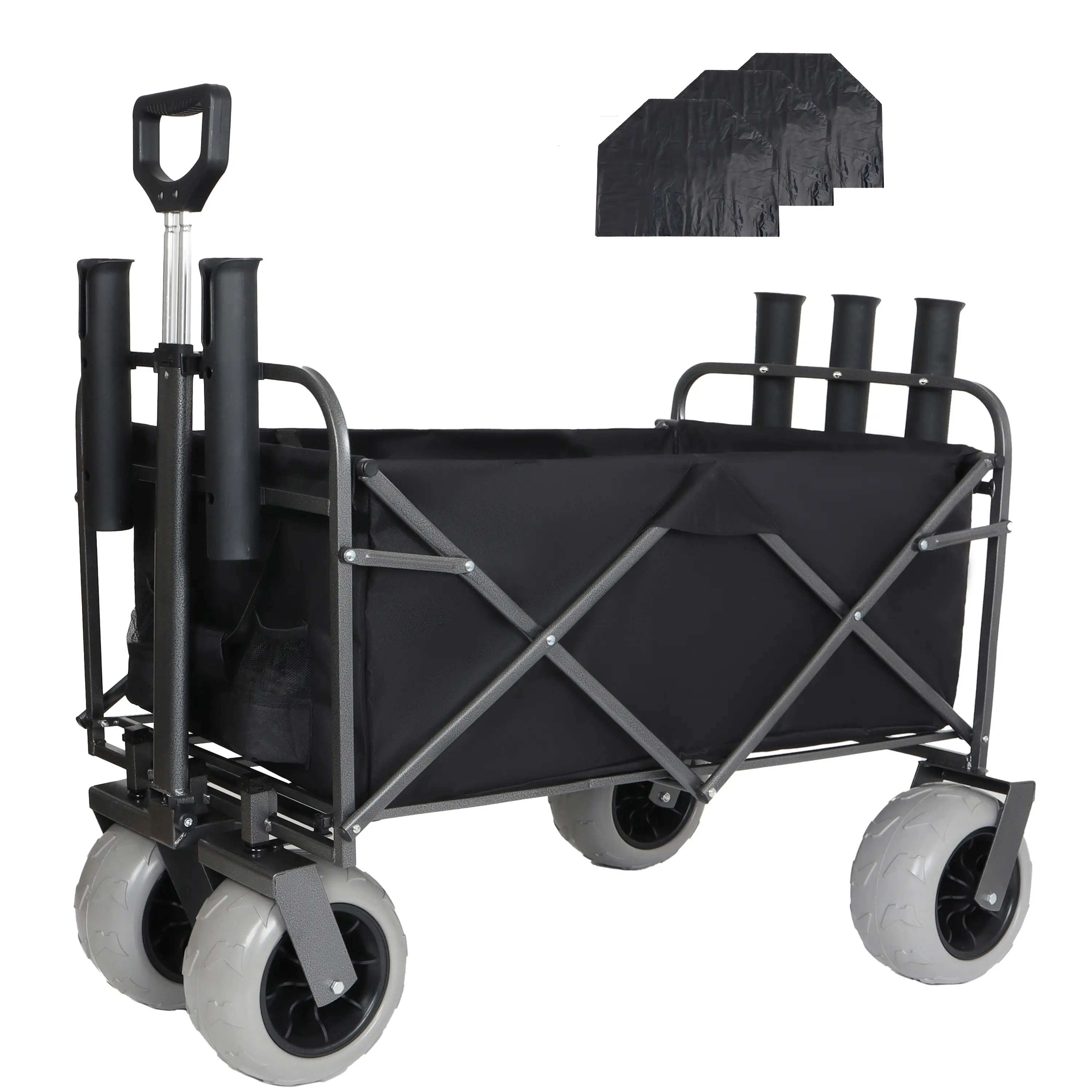 Nokaa Fishing Cart with Rod Holders, Beach Wagon for Sand 500 lbs Capacity, All Terrain Steel Frame Utility Cart with 9" Pneumatic Tires, Strap and Multiuse Bag, Black Heavy Duty Outdoor Wagon