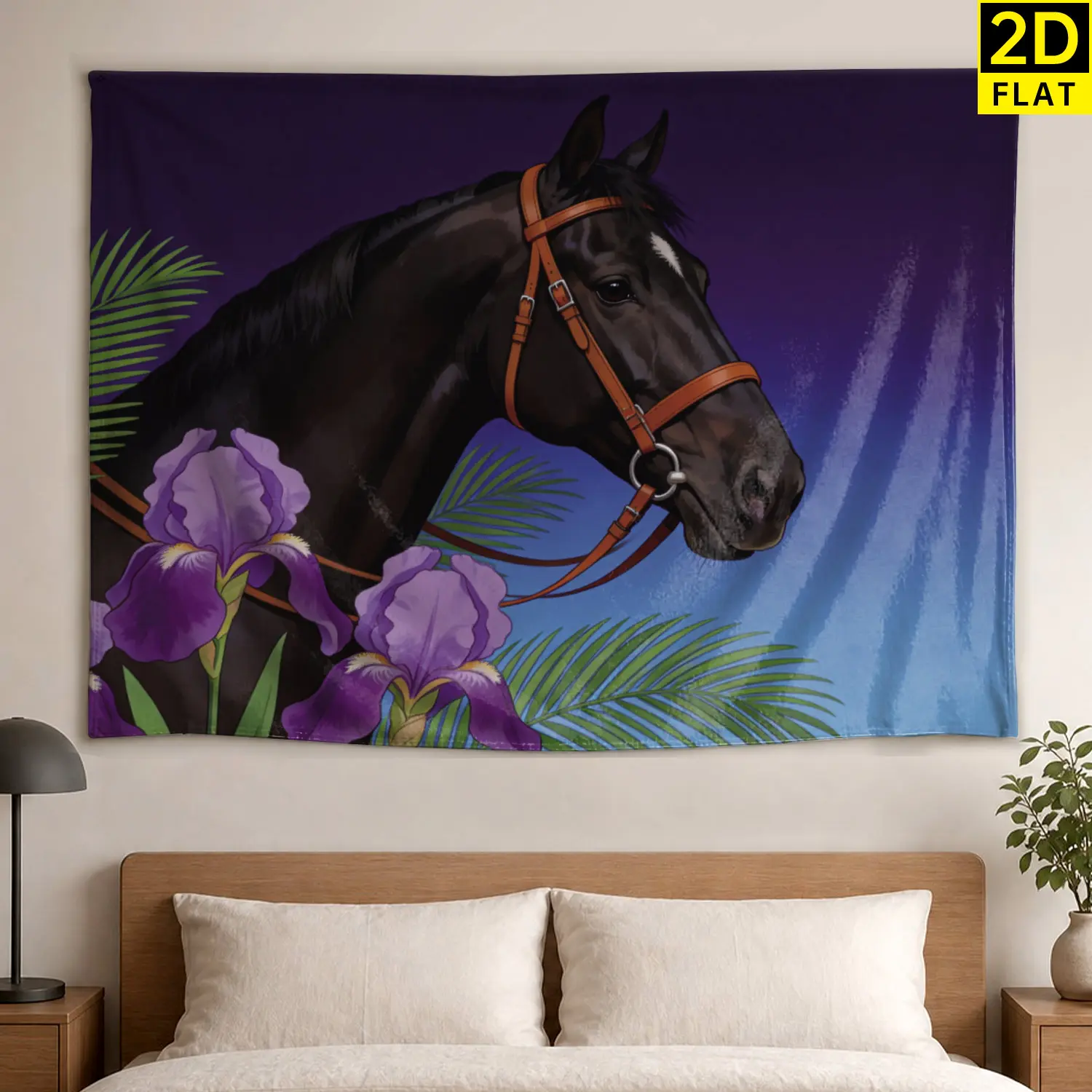 Elegant Black Horse Floral Palm Leaves Wall Tapestry - Large Printed Horizontal Polyester Wall Hanging Decor, Artwork for Living Room, Bedroom, No Installation Required, Indoor-Outdoor Room Decor Gift for Loved Ones