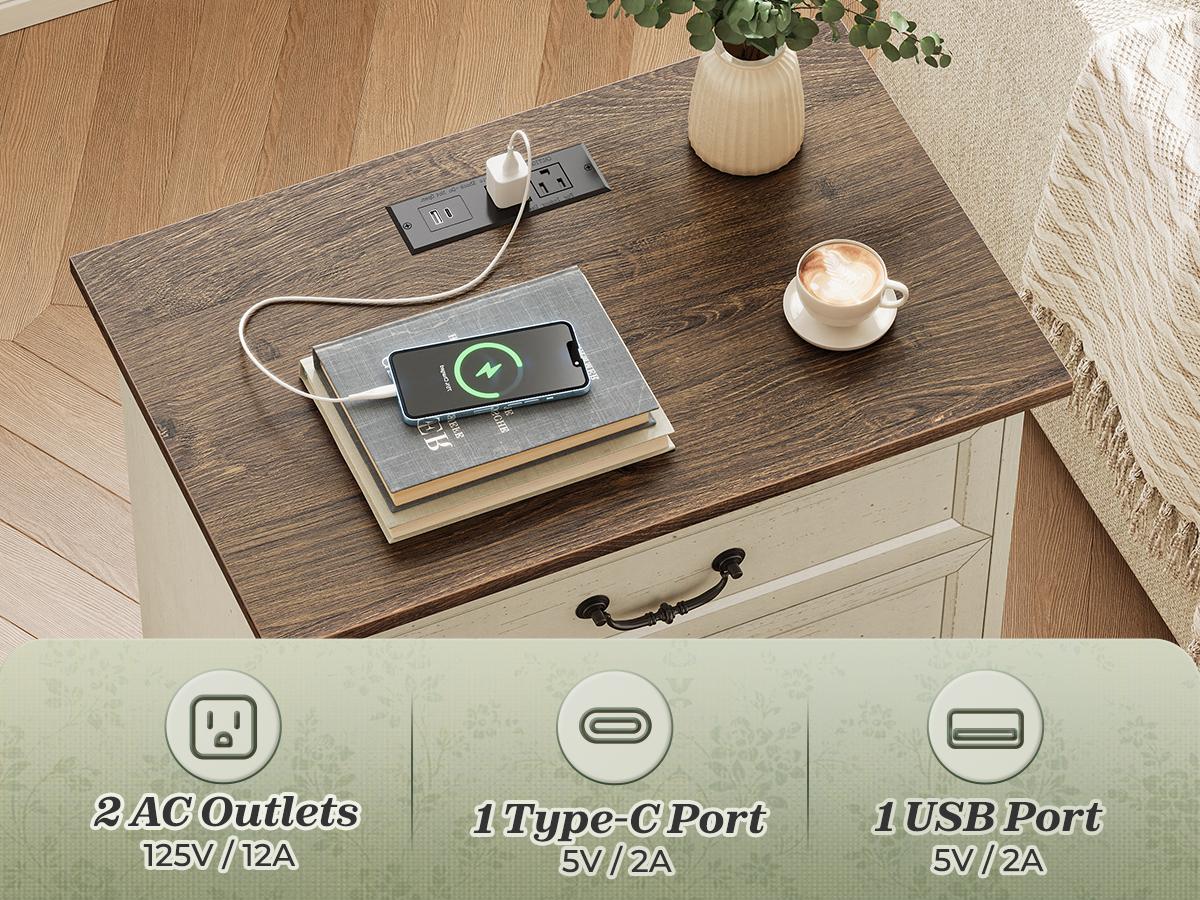 Huuger Nightstand with Charging Station, 3 Drawer Night Stand, 22 Inch Wider Side Table with Storage, Farmhouse Nightstand with Vintage Handles, Thicken Base, for Bedroom