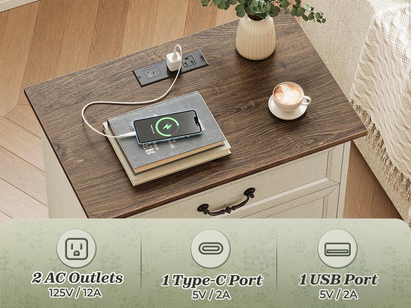 Huuger Nightstand with Charging Station, 3 Drawer Night Stand, 22 Inch Wider Side Table with Storage, Farmhouse Nightstand with Vintage Handles, Thicken Base, for Bedroom