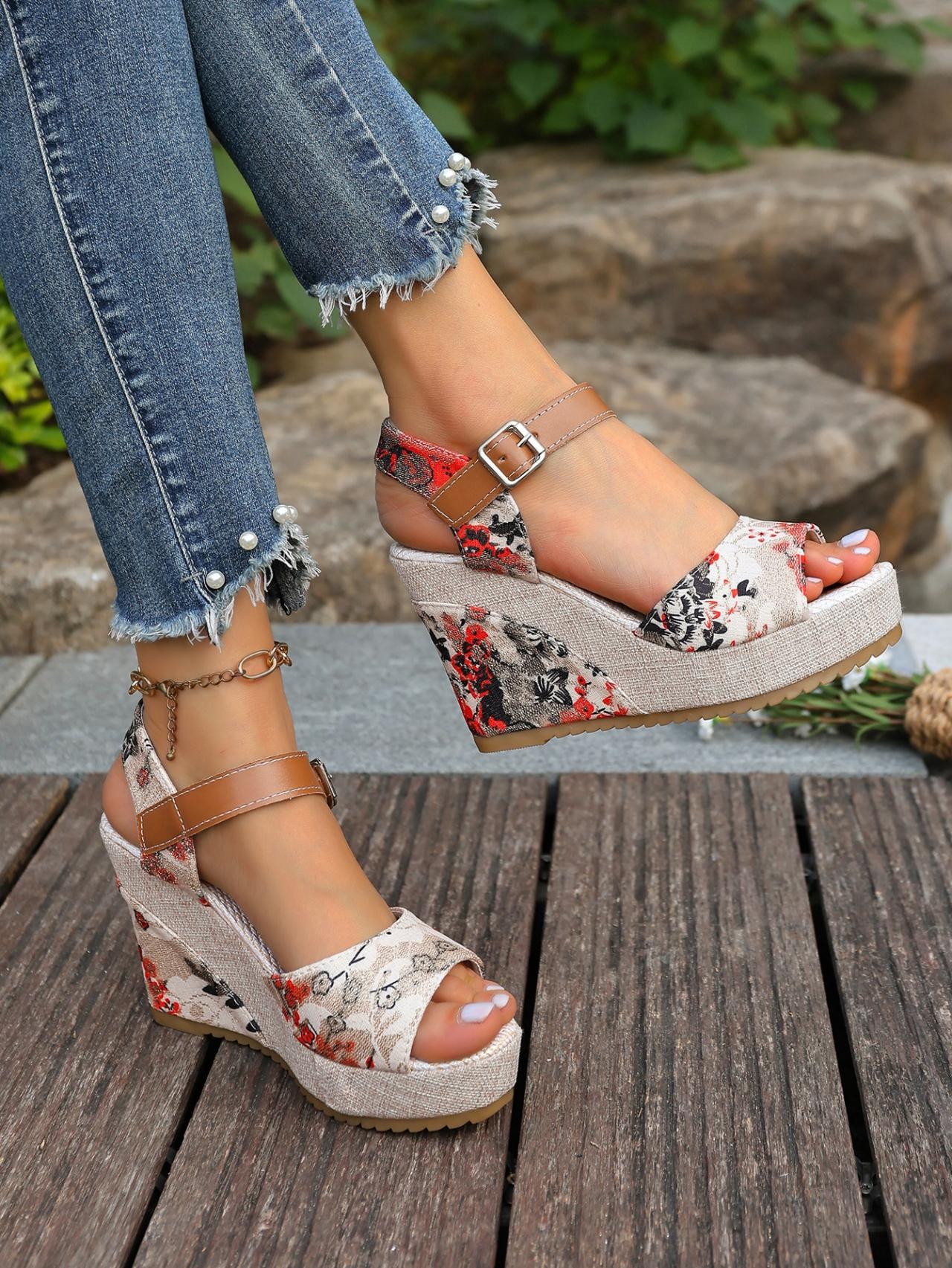 Women's Retro Floral Buckle Wedge Sandals, Summer Platform Chunky Heel Shoes, Ethnic Style Beach Elevated Sandals