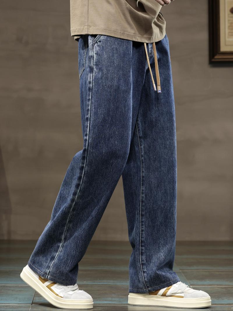 Men's Drawstring Elastic Waist Straight Leg Jeans Set, Casual All Season Wear, Fitted Plain Design, Natural Waist Style